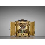 A LACQUERED WOOD TRAVELING SHRINE, ZUSHI, WITH FOLDING DOORS AND GILT APPLICATIONS Japan,