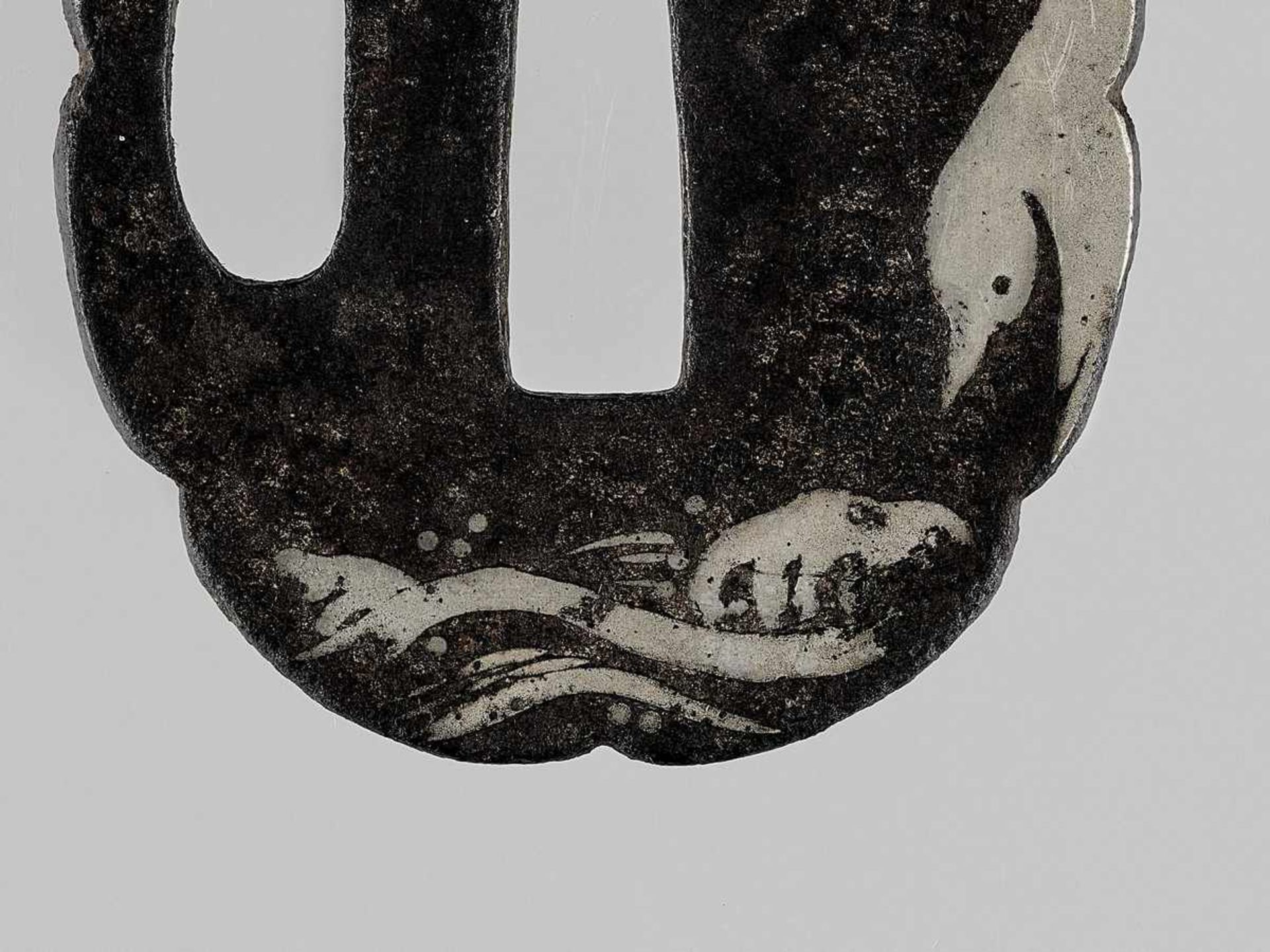 A RARE HAZAMA-SCHOOL SILVER-INLAID IRON TSUBA WITH NBTHK CERTIFICATE Japan, 18th century or earlier, - Image 4 of 5