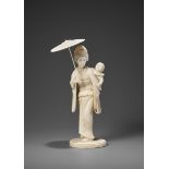 A LARGE IVORY OKIMONO OF A WOMAN CARRYING A CHILD AND PARASOL Japan, Meiji period (1868-1912) The