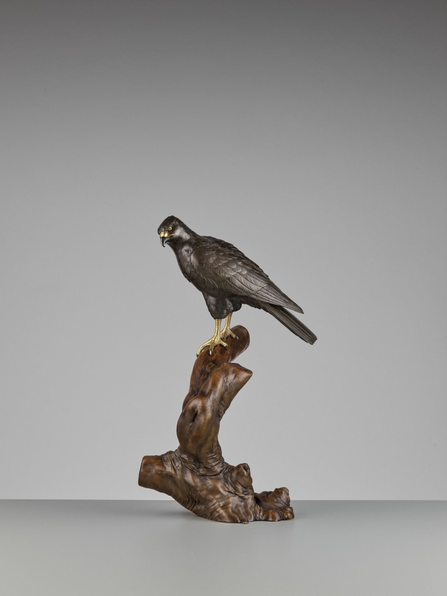 TSUNEHARU: AN IMPRESSIVE PARCEL-GILT AND PATINATED BRONZE OKIMONO OF A KESTREL By Tsuneharo, - Bild 4 aus 12