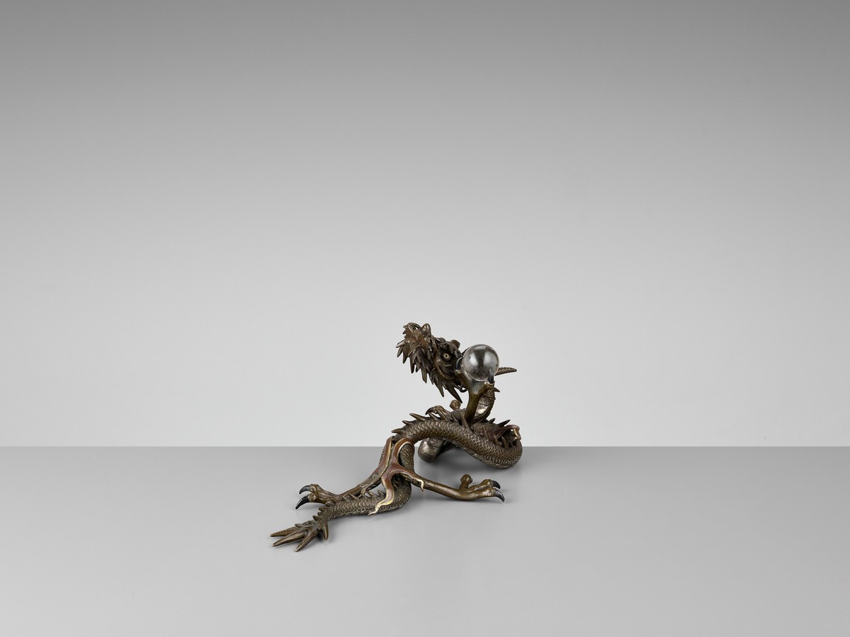 A BRONZE OKIMONO OF A DRAGON WITH ROCK CRYSTAL BALL Japan, Meiji period (1868-1912)Finely cast as - Image 6 of 10