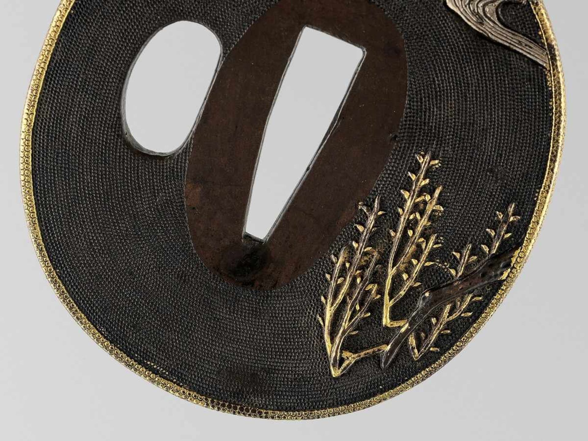 A GOLD AND SILVER-INLAID SHAKUDO TSUBA WITH OX AND BOKUDO Japan, 19th century, Edo period (1615- - Bild 3 aus 4