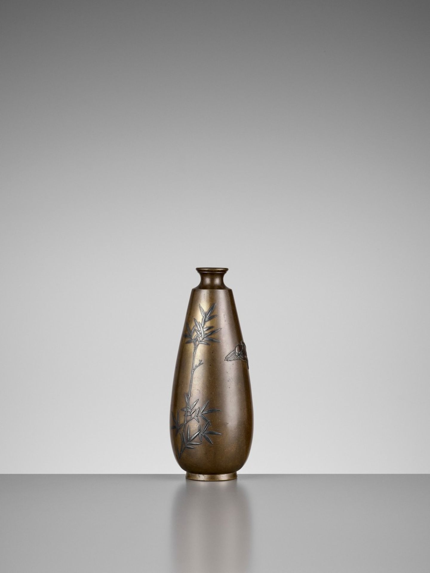 BIZAN: A SENTOKU BRONZE VASE WITH A SPARROW AND BAMBOO Signed BizanJapan, Meiji period (1868-1912)