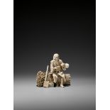 SEIYO: A LARGE IVORY OKIMONO OF A WOODCUTTER AT LUNCH DRINKING SAKE By Owada Seiyo, signed