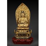 A VERY LARGE AND EXCEPTIONAL LACQUER-GILT WOOD STATUE OF MIROKU BOSATSU, EARLY EDO Japan, 17th