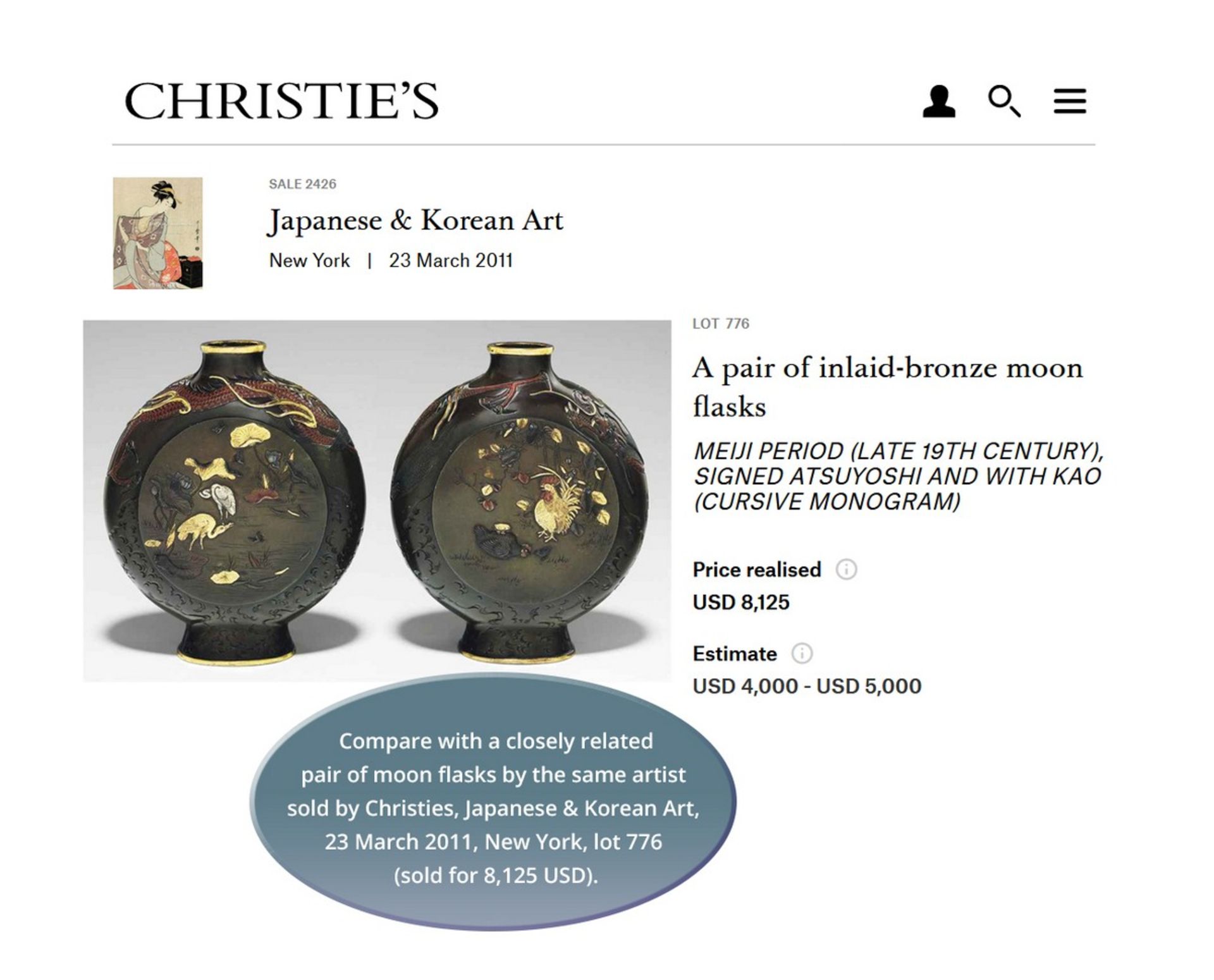 MIYABE ATSUYOSHI: A SUPERB PAIR OF PARCEL-GILT AND INLAID BRONZE MOON FLASKS By Miyabe Atsuyoshi, - Bild 14 aus 14