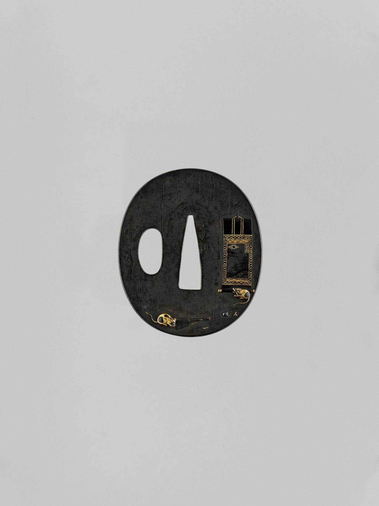 YASUCHIKA: A FINE NARA SCHOOL SHIBUICHI TSUBA WITH RATS AND SCROLL PAINTINGS By Yasuchika, signed