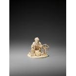 SEIMIN: AN IVORY OKIMONO OF AN OLD WOMAN WORKING AT A SPINNING WHEEL By Seimin, signed