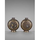 MIYABE ATSUYOSHI: A SUPERB PAIR OF PARCEL-GILT AND INLAID BRONZE MOON FLASKS By Miyabe Atsuyoshi,