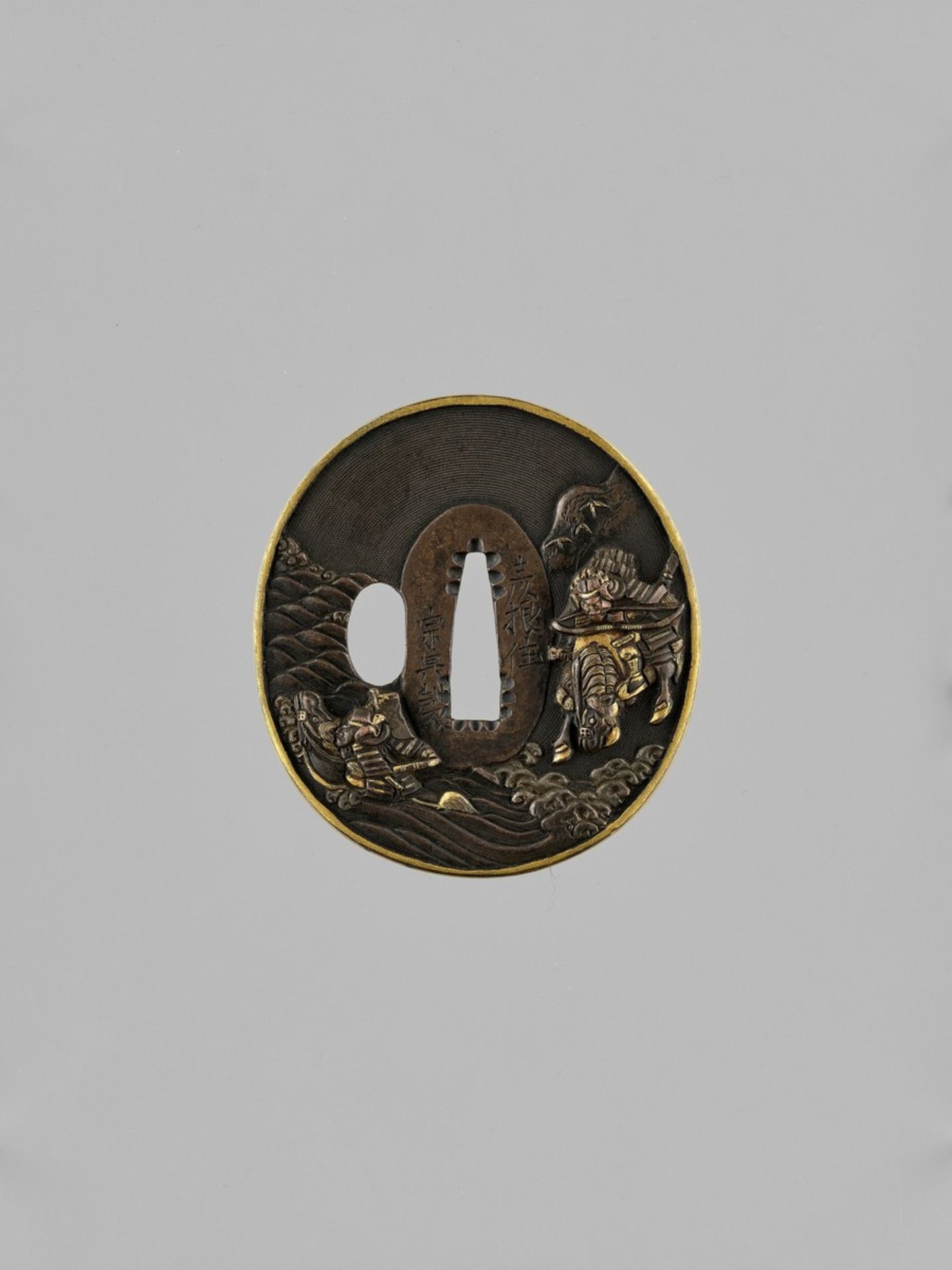 KITAGAWA SOTEN: A FINE COPPER TSUBA DEPICTING THE BATTLE OF UJI By Kitagawa Soten, signed Hikone ju,