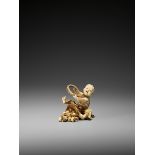 DOSAI: AN AMUSING IVORY NETSUKE OF A BOY WITH A BROKEN BASKET OF PERSIMMONS By Dosai, signed