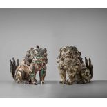 A RARE PAIR OF KAMAKURA PERIOD POLYCHROME WOOD FIGURE OF BUDDHIST LIONS Japan, Kamakura period (