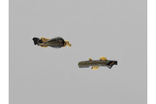 A FINE PAIR OF MENUKI DEPICTING MUSICAL INSTRUMENTS Japan, 19th century, Edo period (1615-1868)Of - Image 1 of 3