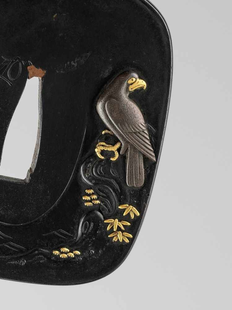 A GOLD-INLAID SHIBUICHI TSUBA WITH A FALCON AND RABBIT Signed with a kakihanJapan, 19th century, Edo - Image 2 of 4