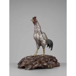 SEIYA: AN UNUSUAL AND RARE PARCEL-GILT SILVERED BRONZE OKIMONO OF A COCKEREL By Genryusai Seiya,