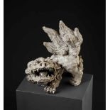 HOSHIAI SHINREI: A MOLDED CERAMIC FIGURE OF A ROARING SHISHI By Hoshiai Shinrei, impressed with