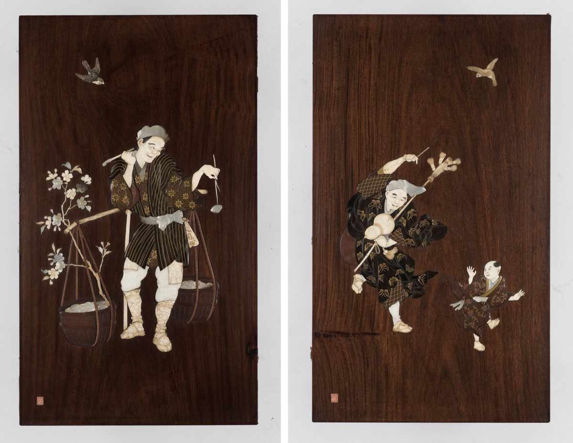 A PAIR OF LARGE SHIBAYAMA-INLAID WOOD PANELS OF STREET VENDORS Japan, Meiji period (1868-1912)Finely