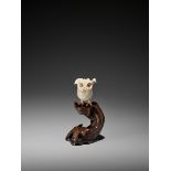 A CHARMING IVORY AND WOOD OKIMONO OF AN OWL Japan, Tokyo, Meiji period (1868-1912)The young bird