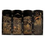 A MASSIVE LACQUERED WOOD SCREEN OF MINAMOTO NO YORITOMO’S BOAR HUNTING PARTY Japan, Meiji period (