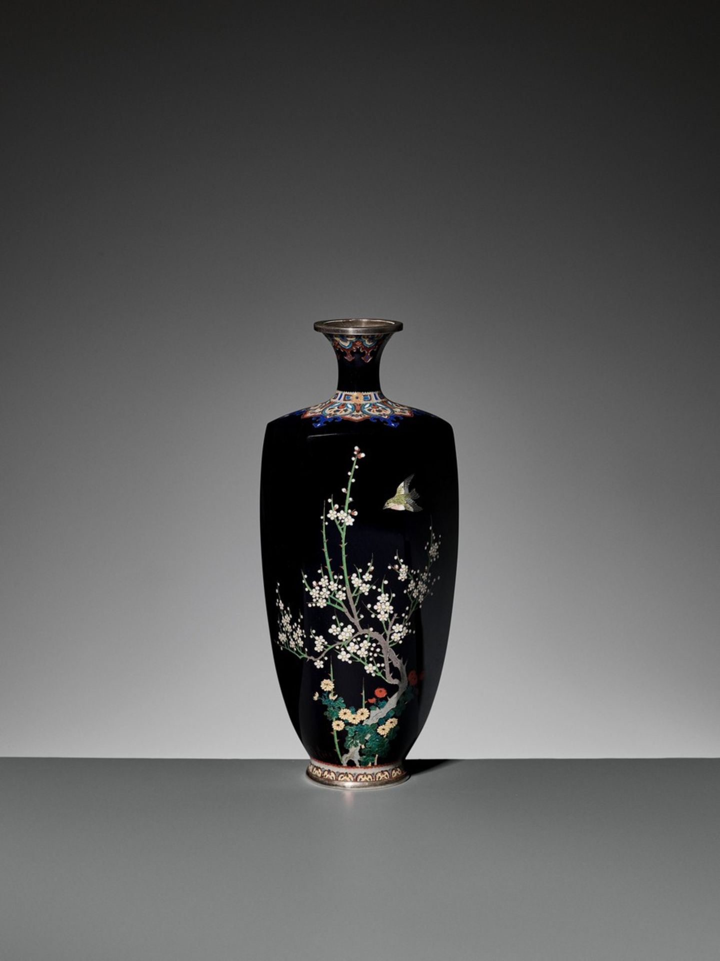 NAMIKAWA YASUYUKI: A HEXAGONAL CLOISONNÉ VASE WITH SUZUME, c. 1900 By Namikawa Yasuyuki (1845-1927),