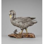 OSHIMOTO SEIJI: AN EXTREMELY FINE AND LARGE PARCEL-GILT AND SILVERED BRONZE OKIMONO OF A GOOSE