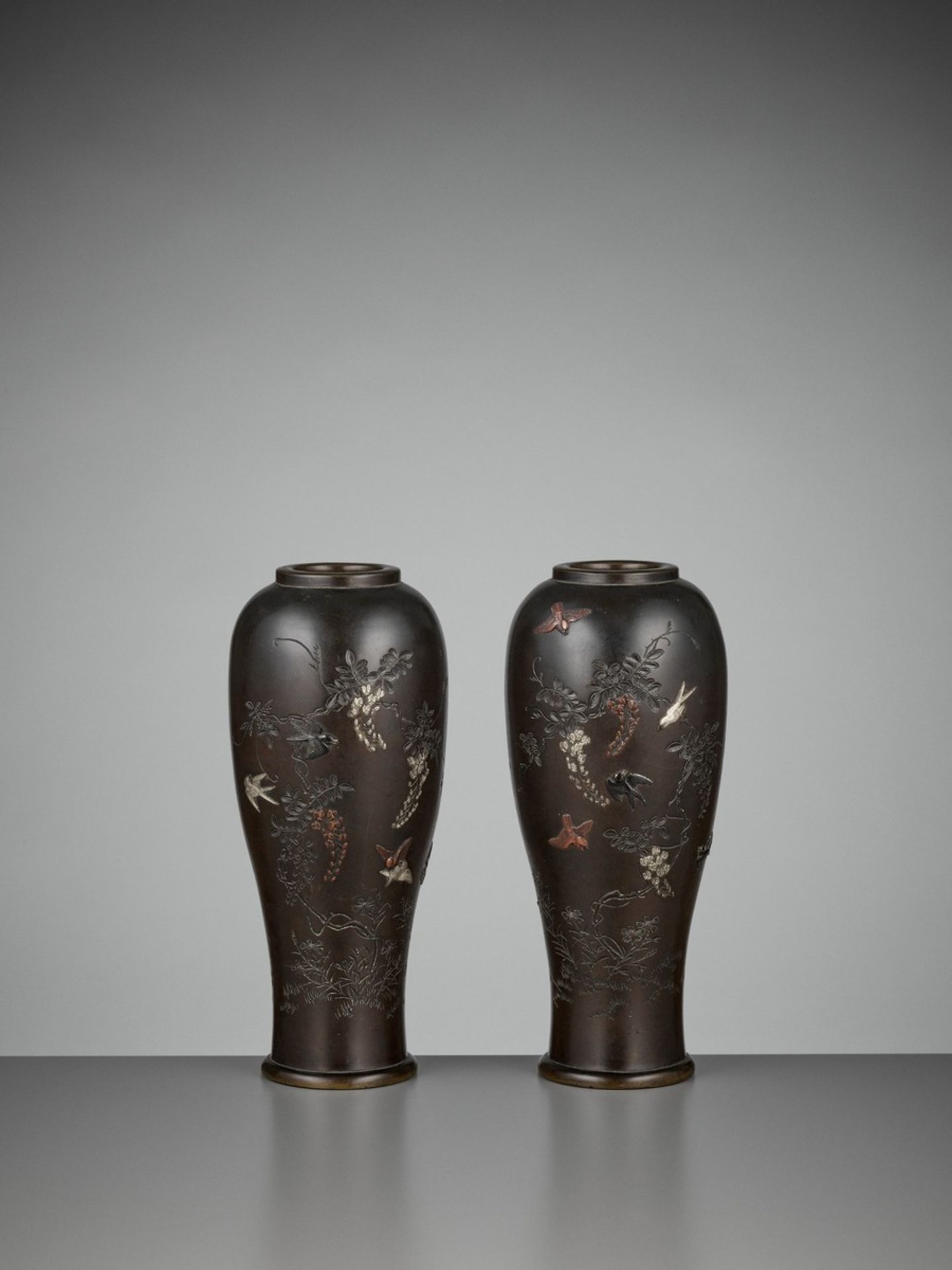 A PAIR OF INLAID BRONZE BALUSTER VASES BY MIYABE ATSUYOSHI FOR THE HAMADA COMPANY By Miyabe