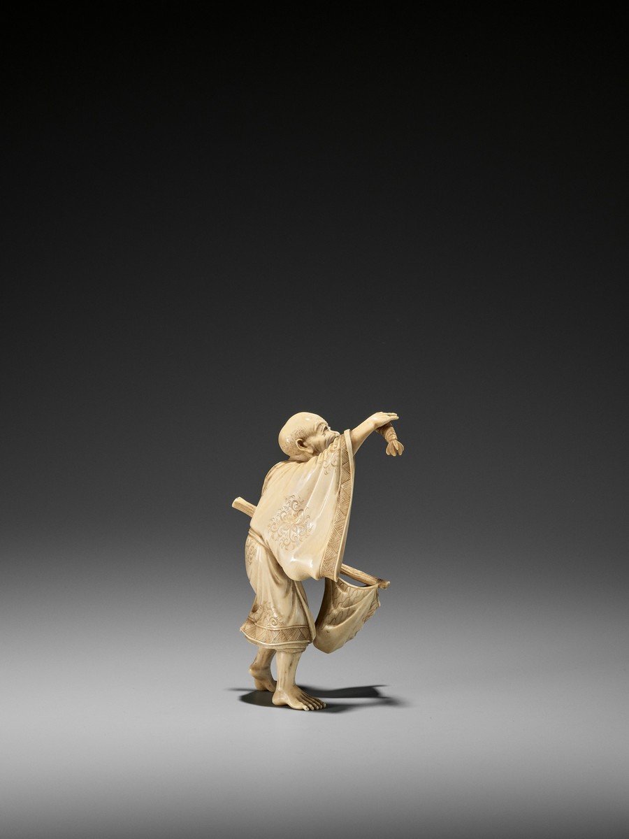 MASAYOSHI: AN IVORY OKIMONO OF A MONK CATCHING A LOBSTER By Masayoshi, signed Seppo-do - Image 5 of 8