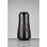 AN IMPRESSIVE SILVER-INLAID BLACK-PATINATED BRONZE VASE WITH A MINOGAME, INSCRIBED ZESHIN Japan,