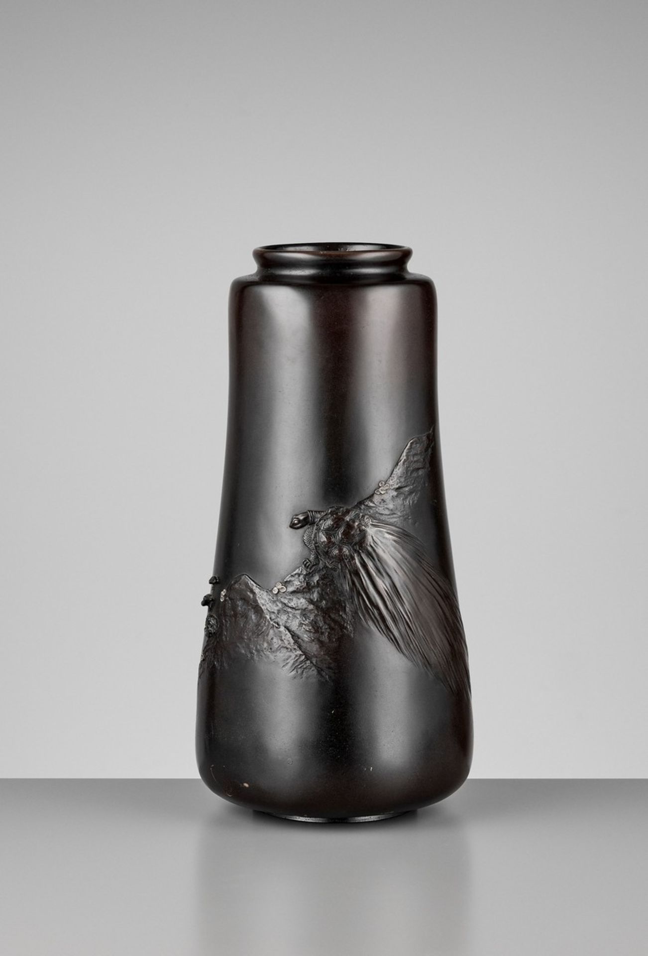 AN IMPRESSIVE SILVER-INLAID BLACK-PATINATED BRONZE VASE WITH A MINOGAME, INSCRIBED ZESHIN Japan,