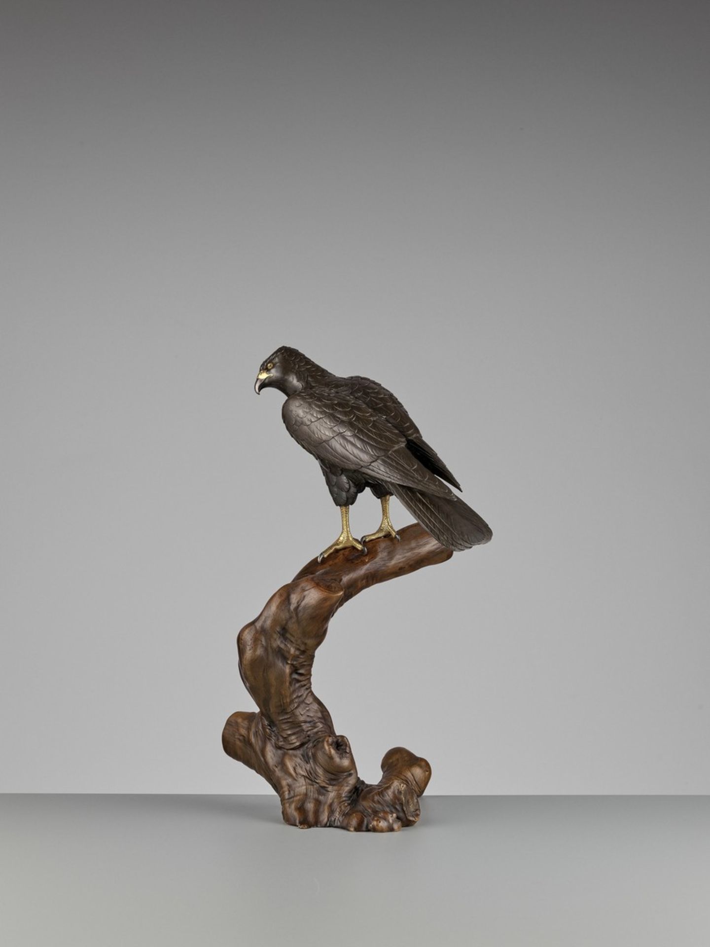 TSUNEHARU: AN IMPRESSIVE PARCEL-GILT AND PATINATED BRONZE OKIMONO OF A KESTREL By Tsuneharo, - Bild 5 aus 12