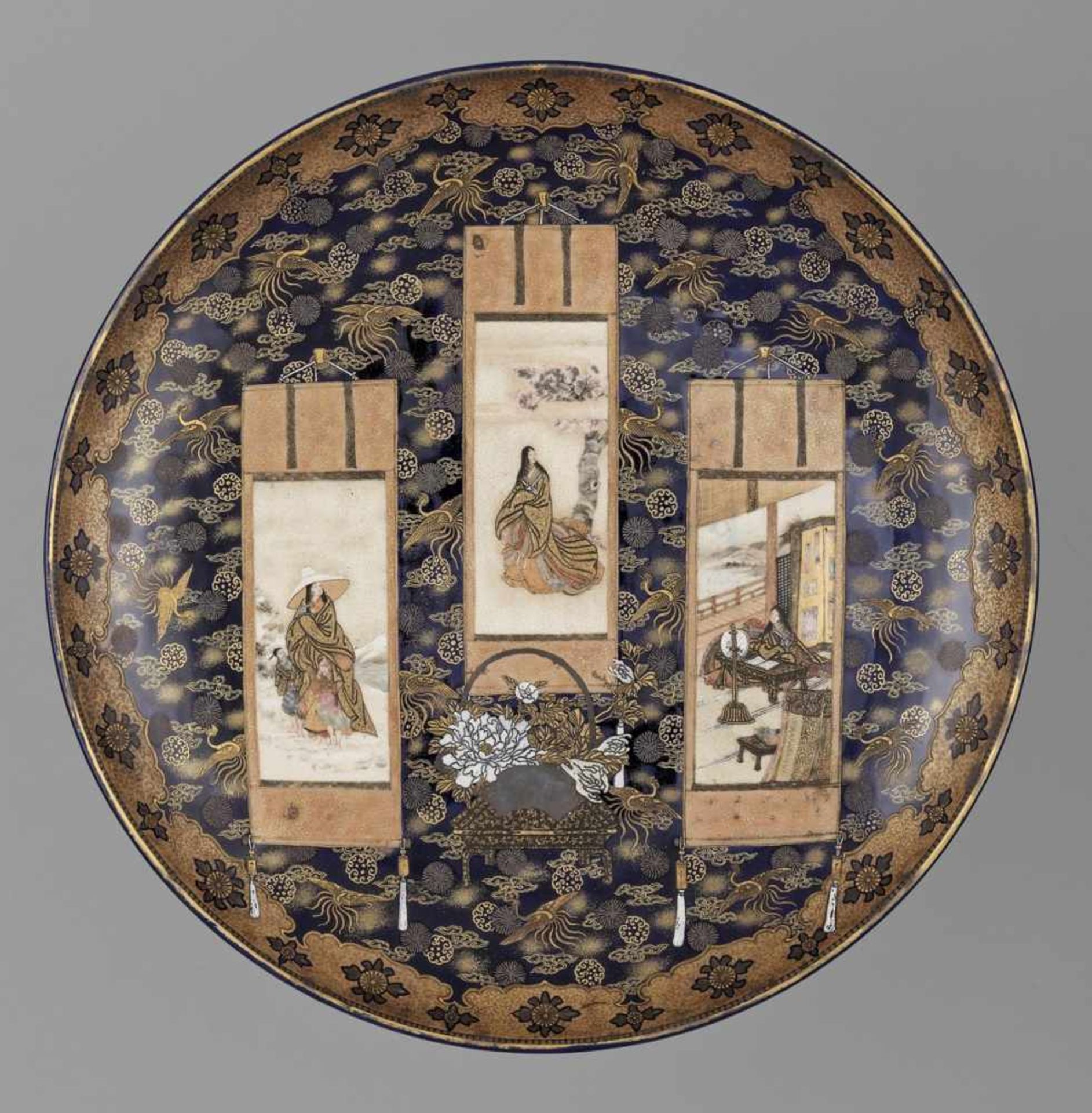 KINKOZAN: A SATSUMA CERAMIC DISH WITH SCROLL PAINTINGS OF POETS By Kinkozan, signed Kinkozan with