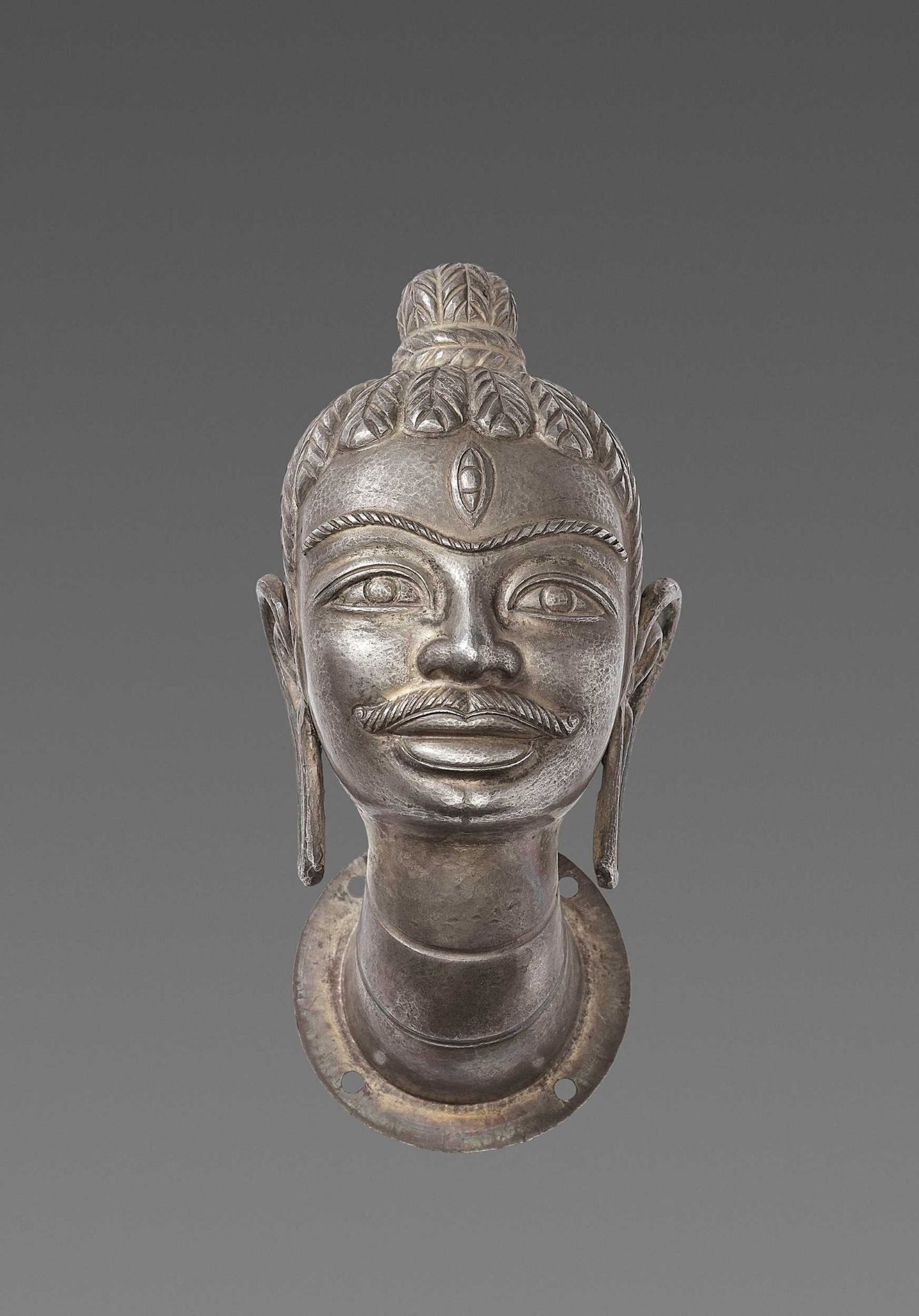 A FINE AND RARE CHAM SILVER HEAD OF SHIVA