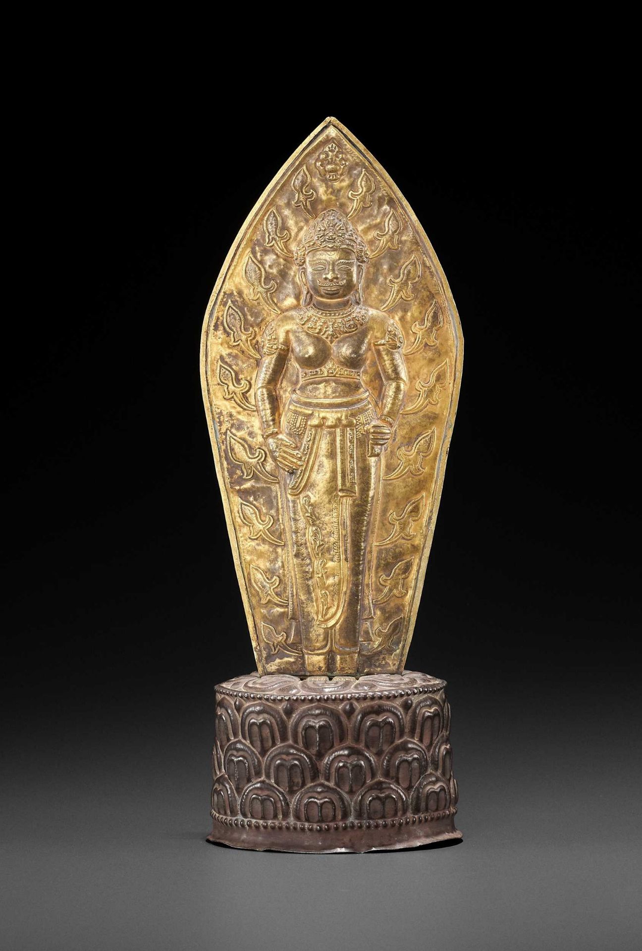 A VERY RARE CHAM GOLD REPOUSSÉ SCULPTURE DEPICTING DURGA