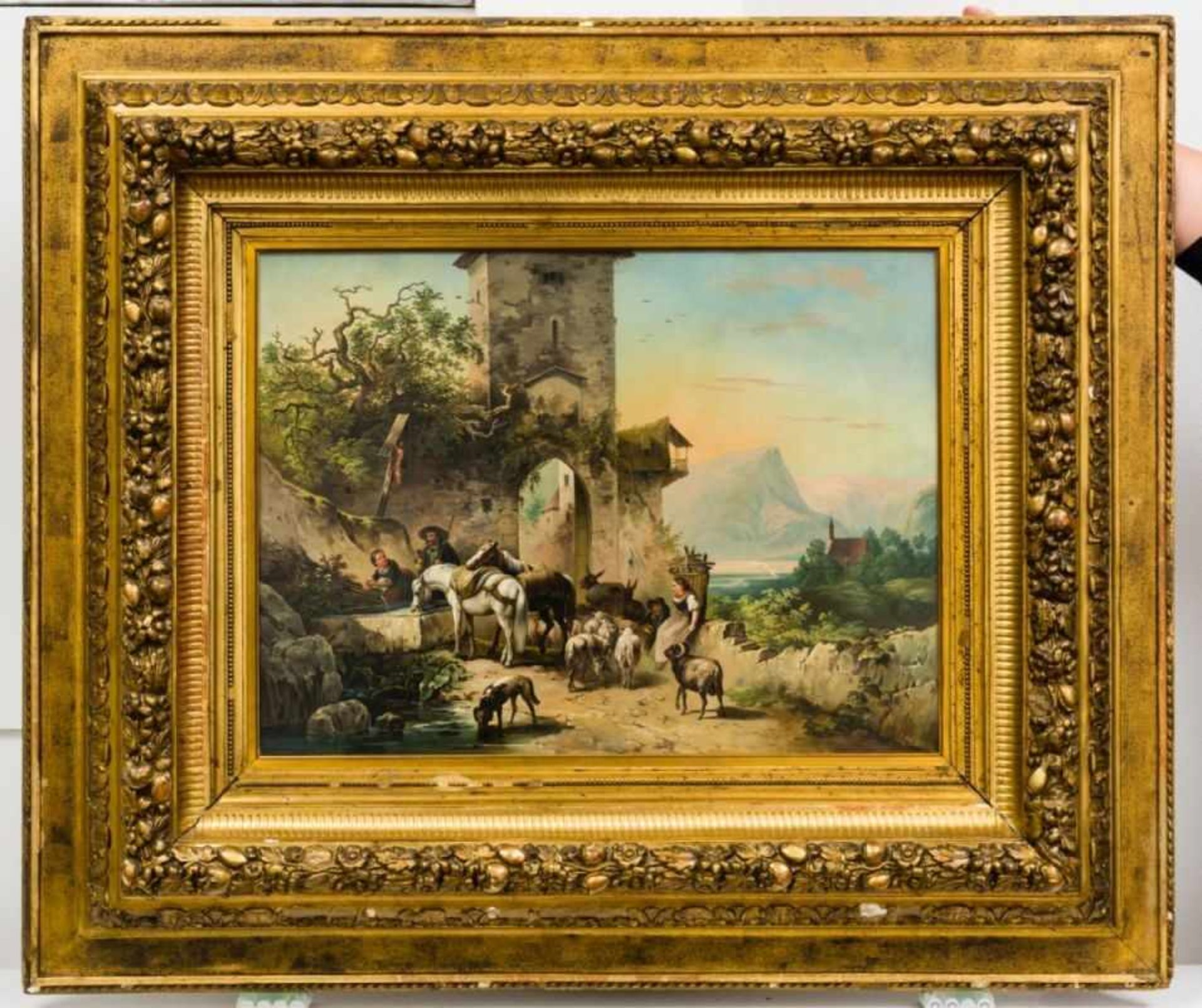 Joseph Heicke (1811-1861), attributed to, Rest at the watering place, Oil / Metall,signed below at - Image 2 of 2