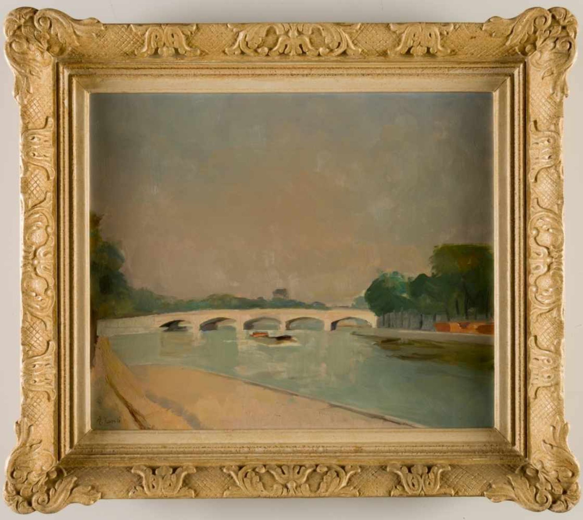 A. Conti, River Landscape with bridge, oil on canvas, signed, 38 x 46 cm, frame: 53 x 60cm, - Bild 2 aus 3