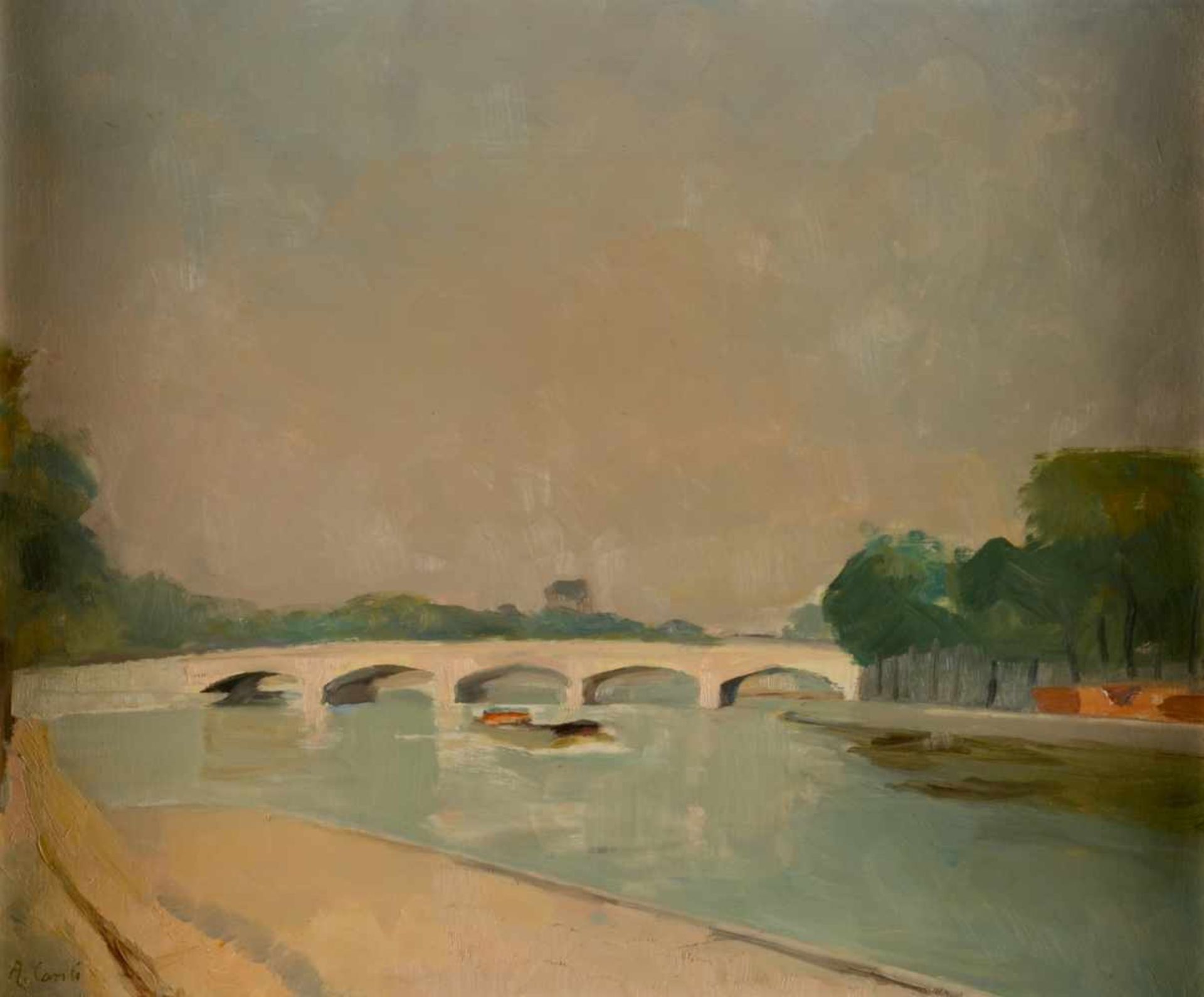 A. Conti, River Landscape with bridge, oil on canvas, signed, 38 x 46 cm, frame: 53 x 60cm,