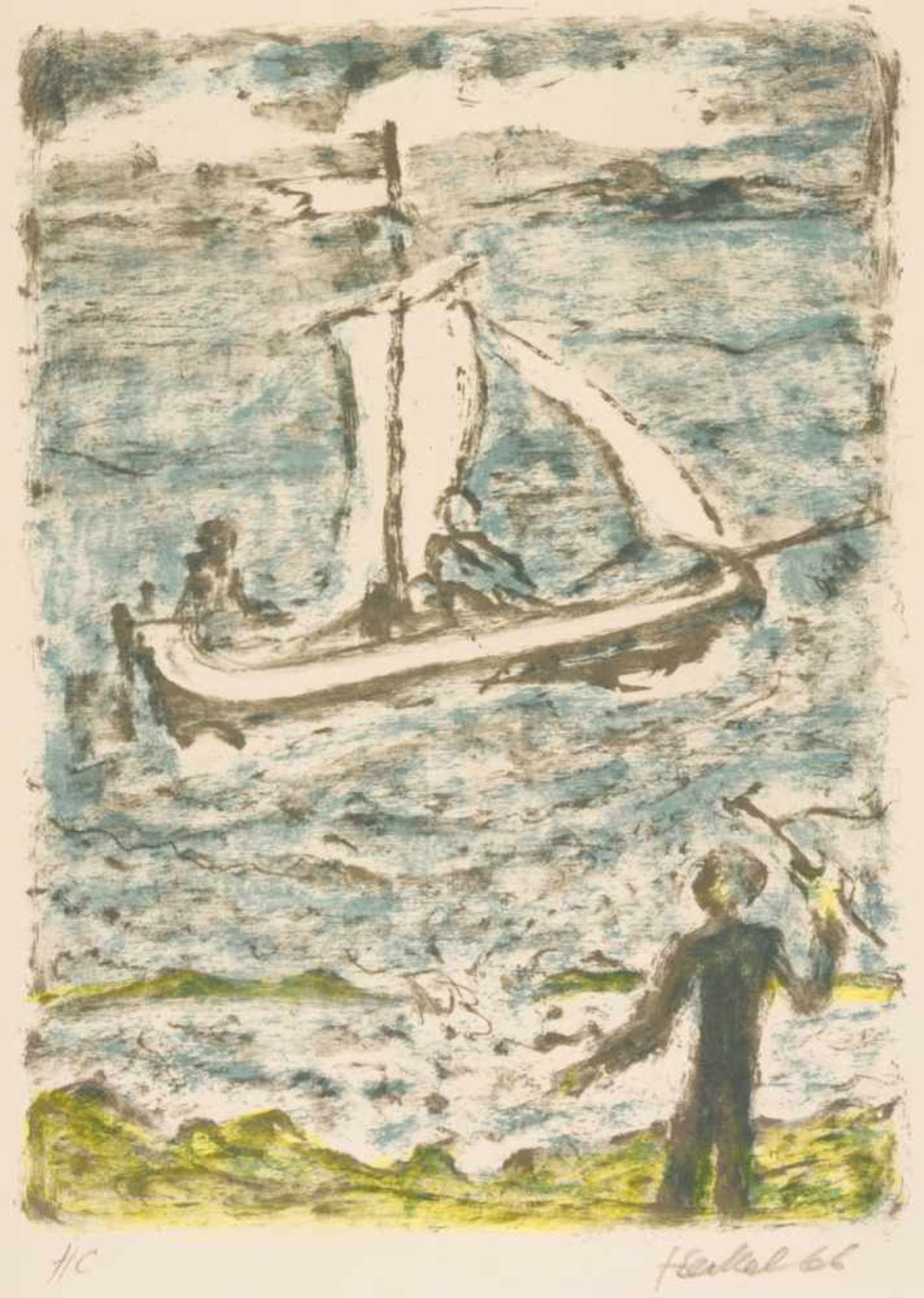 Erich HECKEL (1883-1970), Sailing boat, Large lithography, HC, signed with pencil anddated (19)66,
