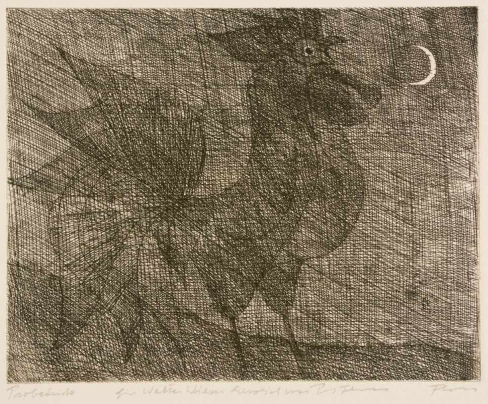 Paul FLORA (1922-2009), The cock at night, Large etching, sample print, dedicated andsigned with