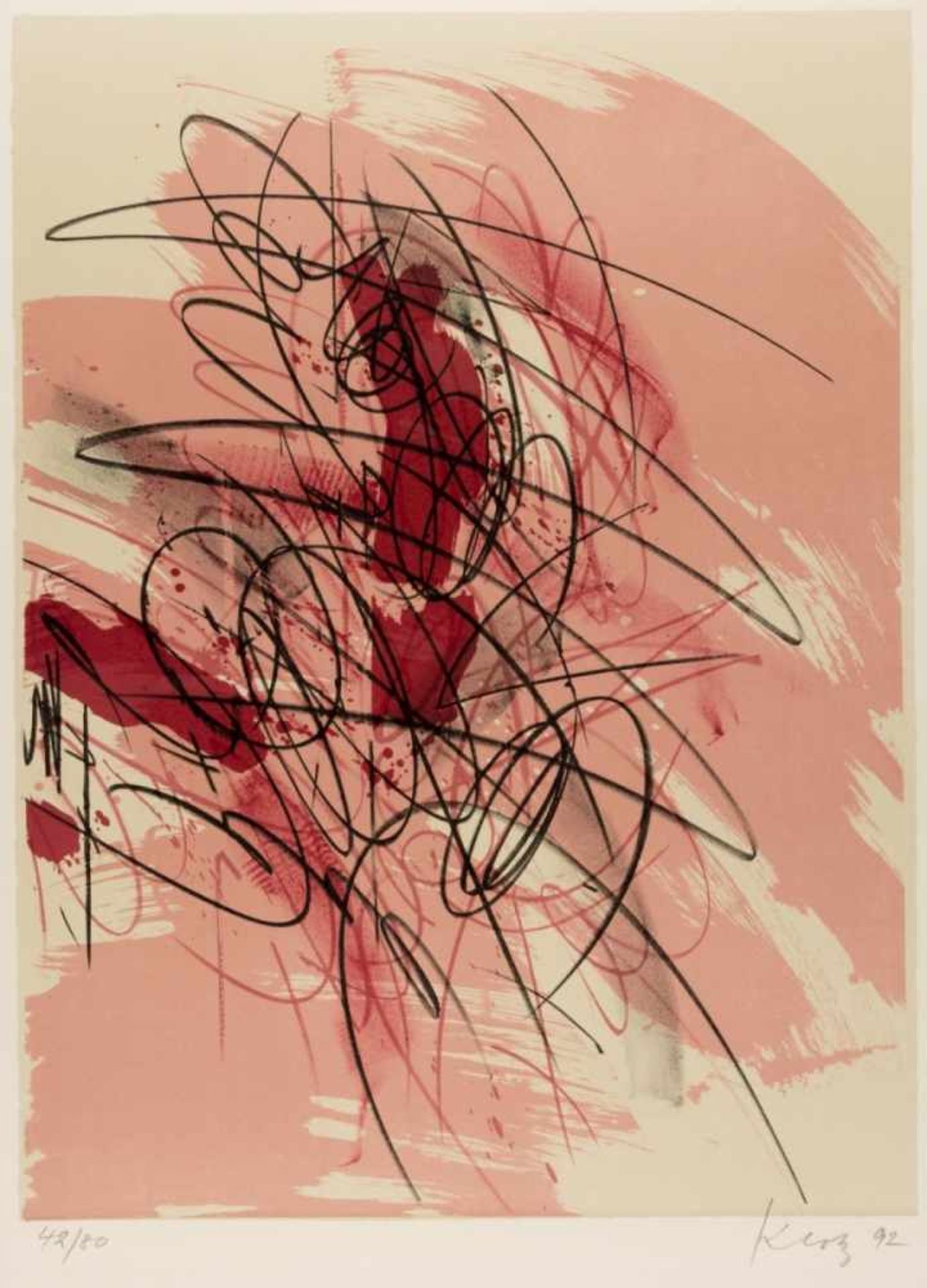 Lenz KLOTZ (1925-2017)Schwarze lineare Komposition auf rosafarbenem GrundSehr grosse Lithographie,