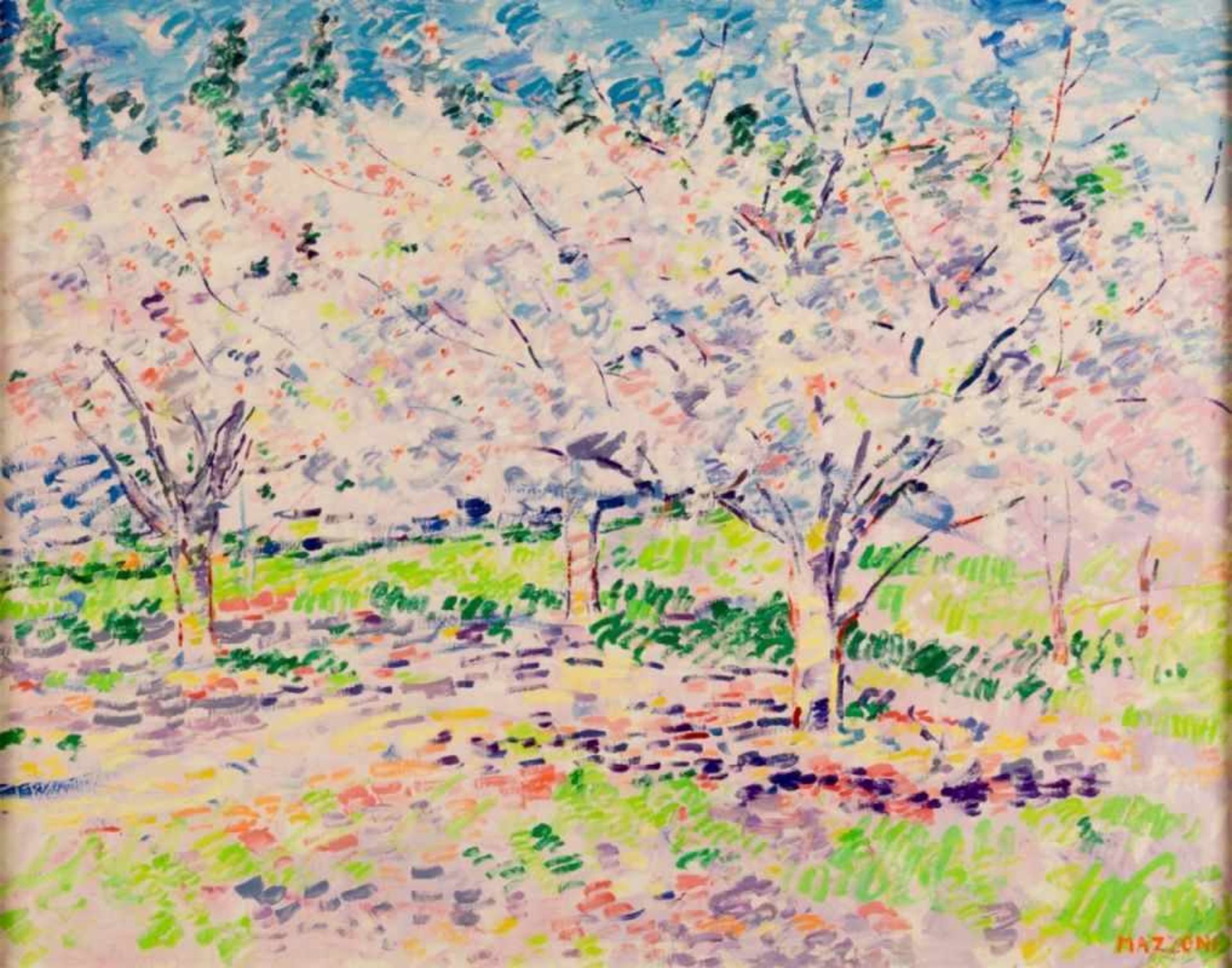 Franco MAZZONI (1928-2006), Flowering orchard, Oil on canvas, signed, 74 x 92,5 cm, frame:107,5 x 89