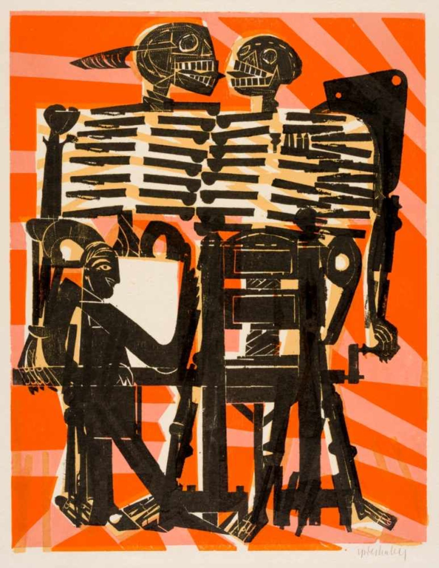 Helmut Andreas Paul GRIESHABER (1909-1981), Death and Printer, Very large Colour-Woodcut,signed with