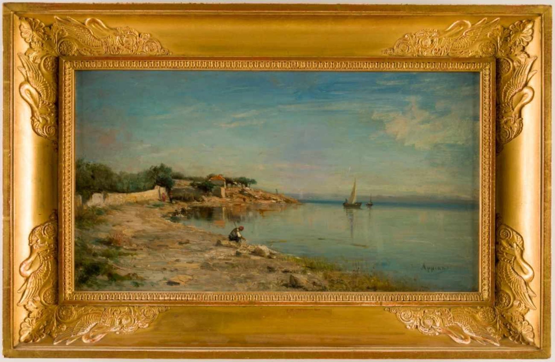 Adolphe APPIAN (1818-1898), At the lake, Oil on canvas, signed, 31 x 55 cm, frame: 45 x 69cm, - Bild 2 aus 3