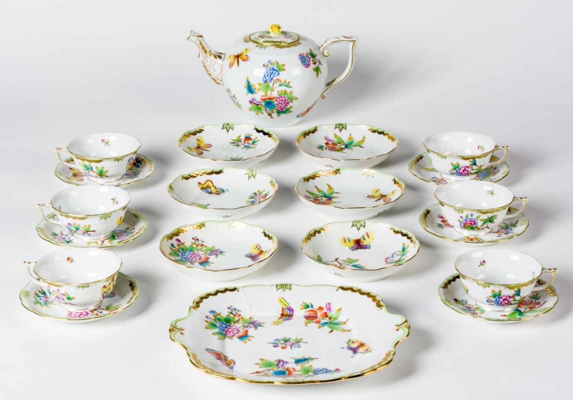 HEREND tea set for 6 persons, motif: Victoria, porcelain, hand-painted, 2nd half of 20thcentury,