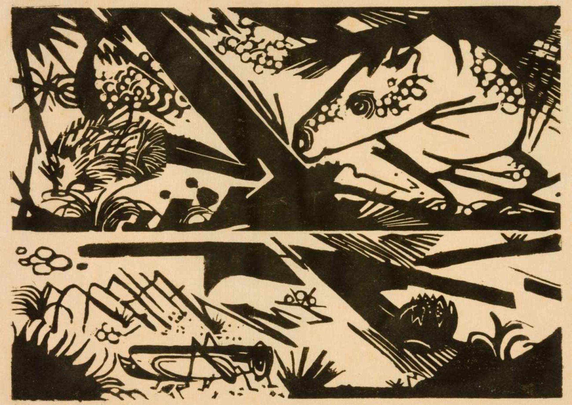 Franz MARC (1880-1916), Horse and Hedgehog, Woodcut on Japan, verso with seal: estate ofFranz