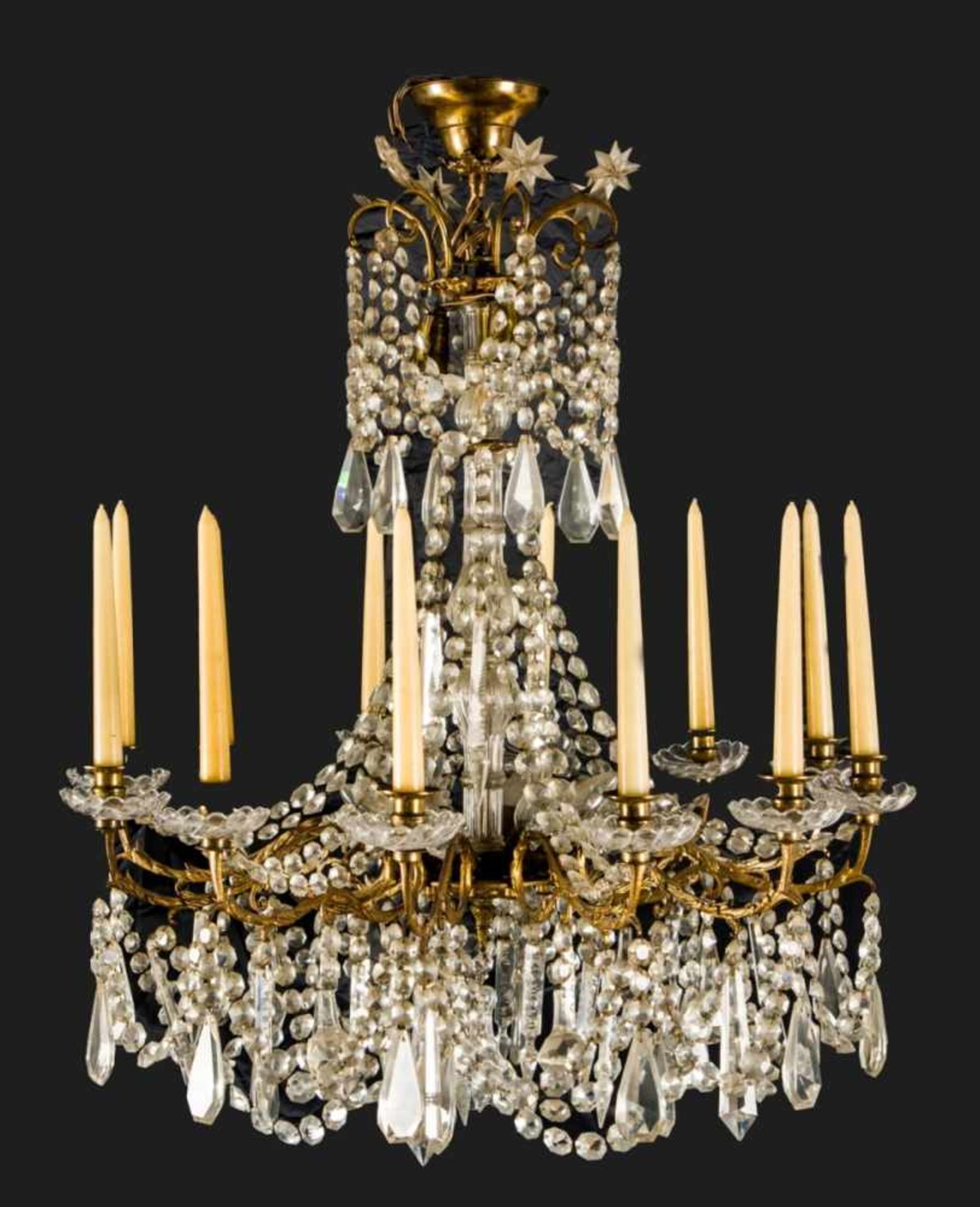 Magnificent electrified chandelier with real candles, brass, faceted crystal glasshanging, 12 flames