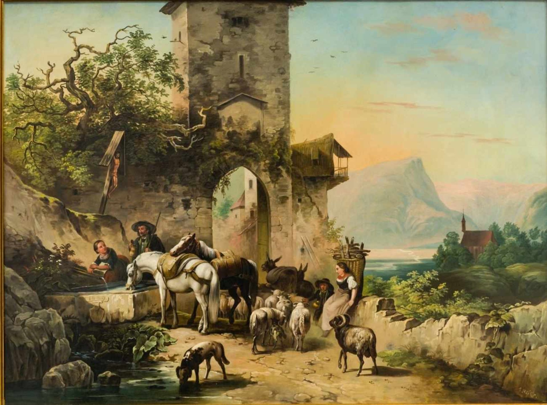 Joseph Heicke (1811-1861), attributed to, Rest at the watering place, Oil / Metall,signed below at