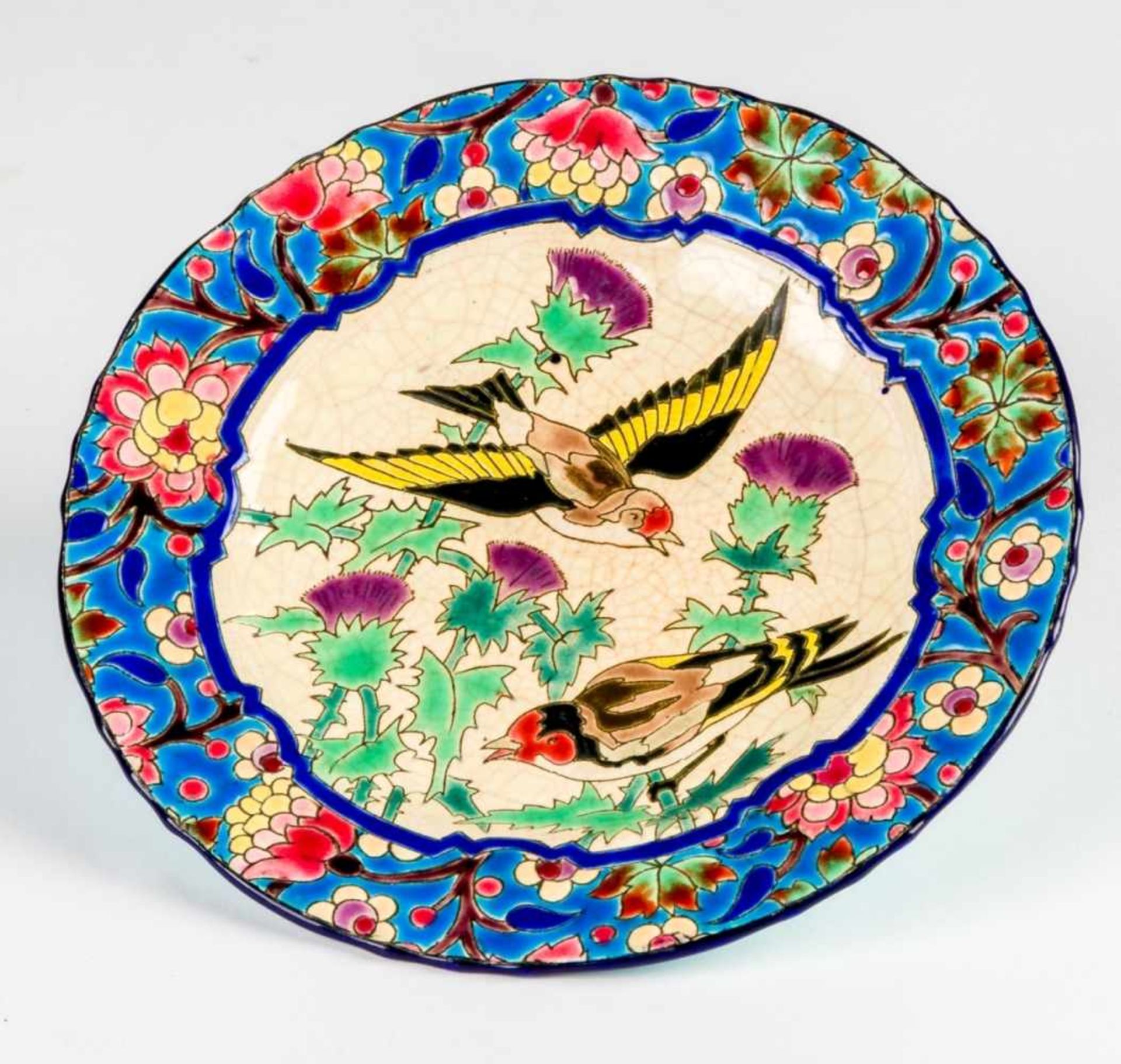 Emaux de Longwy. France: Plate, circa 1930-40. Ceramics. Polychrome enamel decoration withflowers