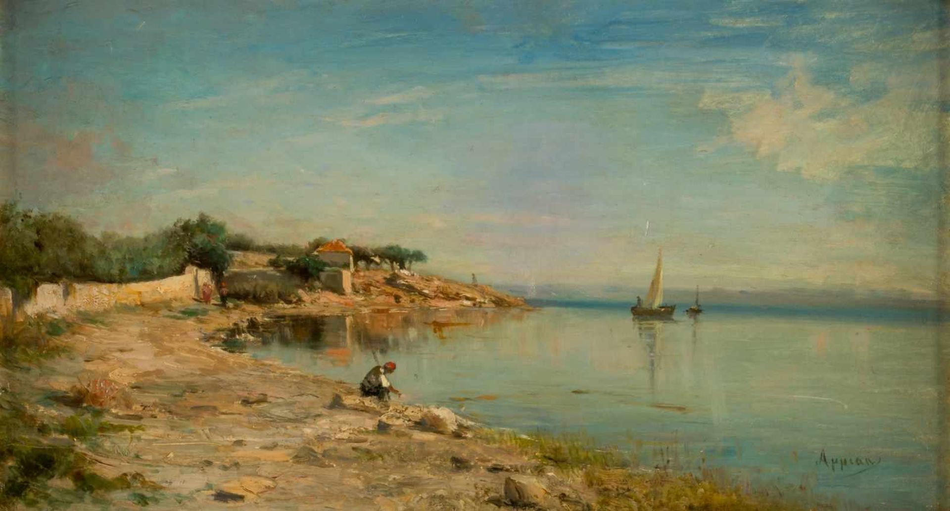 Adolphe APPIAN (1818-1898), At the lake, Oil on canvas, signed, 31 x 55 cm, frame: 45 x 69cm,