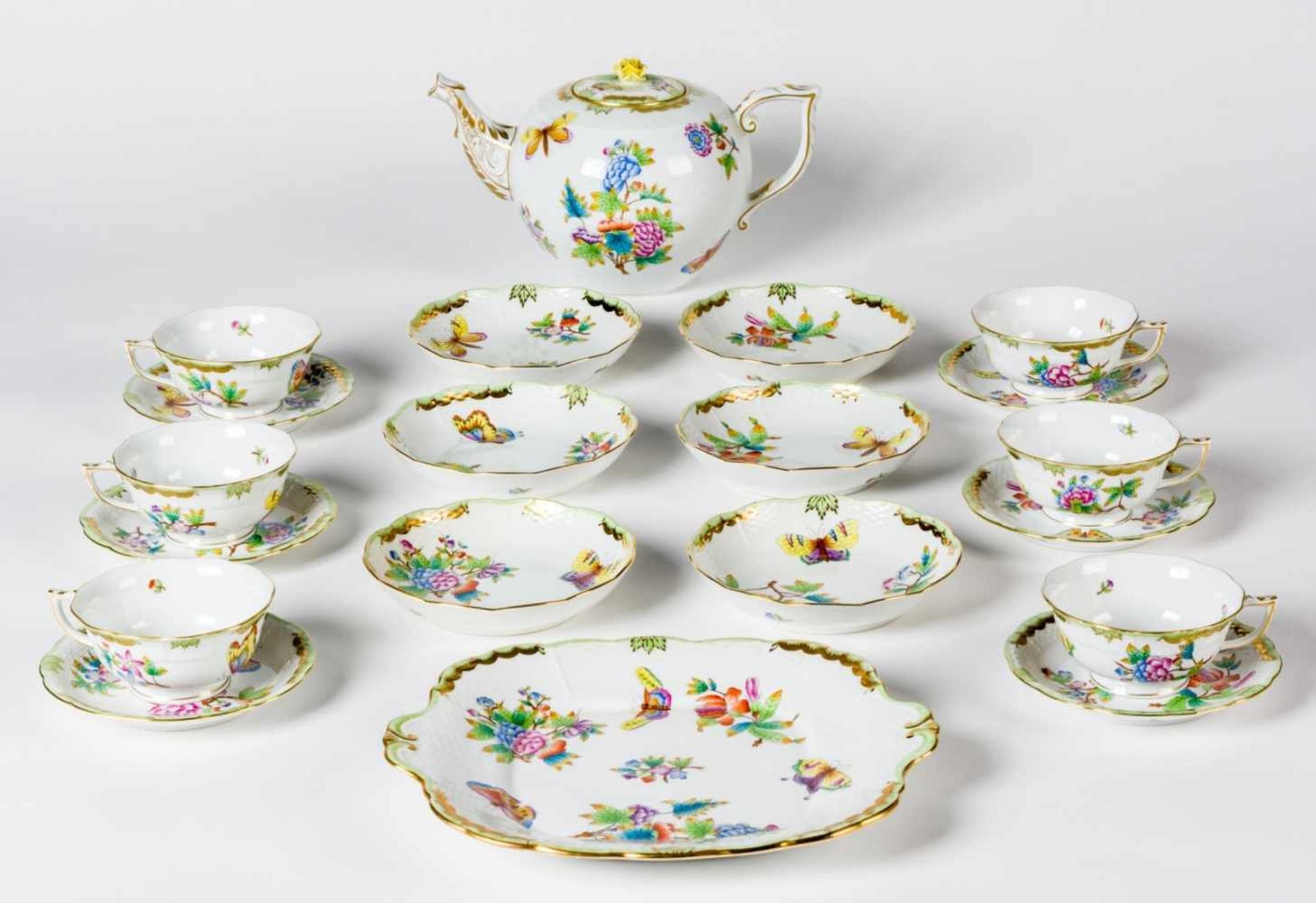 HEREND tea set for 6 persons, motif: Victoria, porcelain, hand-painted, 2nd half of 20thcentury, - Image 2 of 5