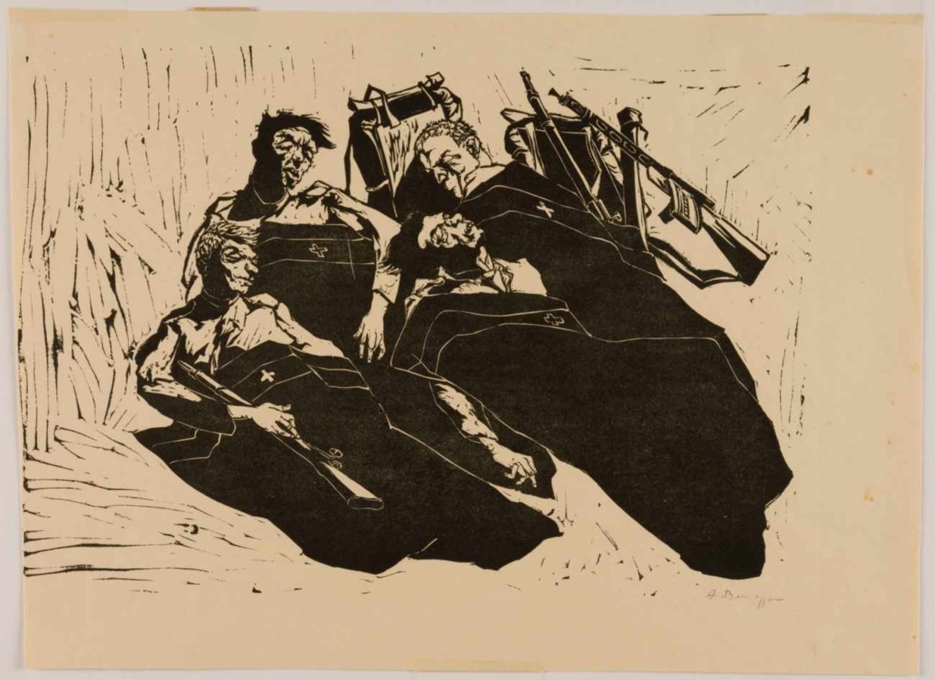 Alfred BERNEGGER (1912-1978)Schlafende SoldatenGrosser Holzschnitt, mit Bleistift signiert23 x 33